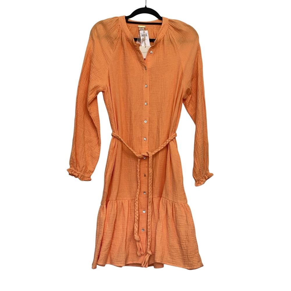 Magaschoni Papaya Orange Organic Cotton Gauze Tiered Belted Mini Shirt Dress S